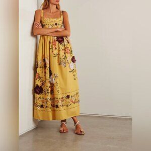 AGUA  Barbara Paramo pleated appliquéd floral-print cotton-poplin midi dress